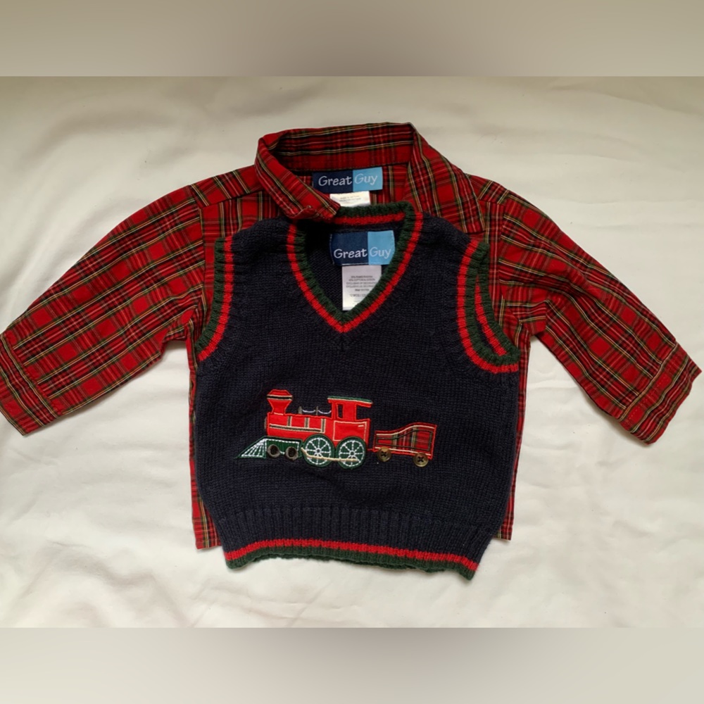 Christmas button down and train vest - 12 m. Perfect for holidays!